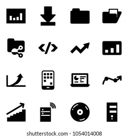 Solid vector icon set - statistics vector, download, folder, shared, tag code, growth arrow, mobile, monitor, chart point, server wireless, cd
