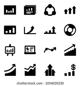 Solid vector icon set - statistics vector, report, social, arrows up, growth arrow, circle chart, presentation, monitor, point, rise, dollar