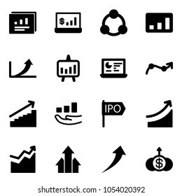 Solid vector icon set - statistics report vector, account, social, growth arrow, presentation chart, monitor, point, ipo, rise, arrows up, dollar