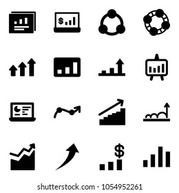 Solid vector icon set - statistics report vector, account, social, friends, arrows up, growth arrow, presentation chart, monitor, point, dollar