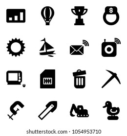 Solid vector icon set - statistics vector, air balloon, win cup, finger ring, sun, sail boat, wireless mail, speaker, monoblock pc, sim, trash bin, axe, clamp, tile drill, excavator toy, duck
