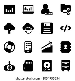 Solid vector icon set - statistics vector, account, user password, shared folder, upload cloud, refresh, save, tag code, circle chart, mobile, growth, contact book, dollar, micro flash card, hdd