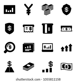 Solid vector icon set - statistics vector, yen, big cash, safe, receipt, atm, money search, report, account, arrows up, dollar, chart