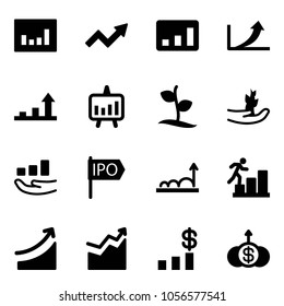 Solid vector icon set - statistics vector, growth arrow, presentation chart, sproute, hand, ipo, career, rise, dollar