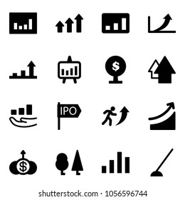 Solid vector icon set - statistics vector, arrows up, growth arrow, presentation chart, money tree, ipo, career, rise, dollar, forest, hoe