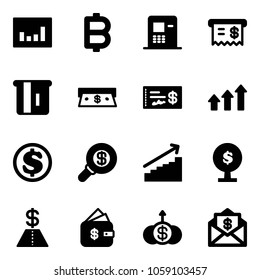 Solid vector icon set - statistics vector, bitcoin, atm, receipt, cash, check, arrows up, dollar, search money, growth, tree, finance management, mail
