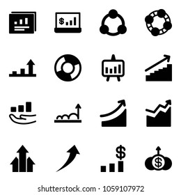 Solid vector icon set - statistics report vector, account, social, friends, growth arrow, circle chart, presentation, rise, arrows up, dollar