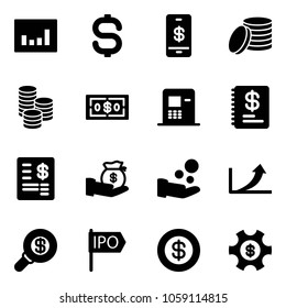 Solid vector icon set - statistics vector, dollar sign, mobile payment, coin, atm, annual report, account statement, investment, cash pay, growth arrow, search money, ipo, managemet