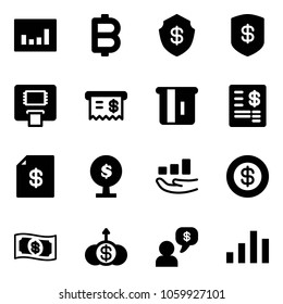 Solid vector icon set - statistics vector, bitcoin, safe, atm, receipt, account statement, money tree, growth, dollar, dialog, chart