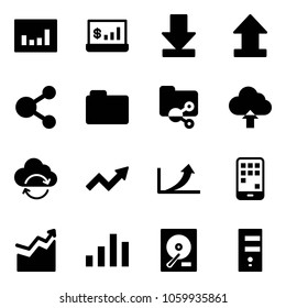 Solid vector icon set - statistics vector, account, download, uplooad, share, folder, shared, upload cloud, refresh, growth arrow, mobile, chart, hdd, server