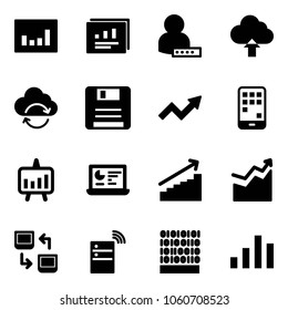 Solid vector icon set - statistics vector, report, user password, upload cloud, refresh, save, growth arrow, mobile, presentation chart, monitor, data exchange, server wireless, binary code