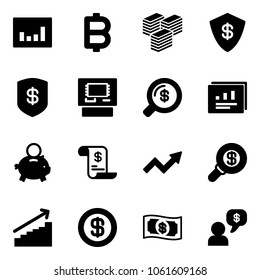 Solid vector icon set - statistics vector, bitcoin, big cash, safe, atm, money search, report, piggy bank, account history, growth arrow, dollar, dialog
