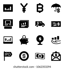 Solid vector icon set - statistics vector, yen, bitcoin, insurance, atm, report, encashment car, check, account, piggy bank, money tree, growth, ipo, dollar, mail