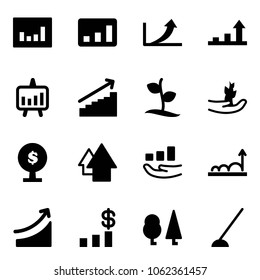 Solid vector icon set - statistics vector, growth arrow, presentation chart, sproute, hand, money tree, up, rise, dollar, forest, hoe