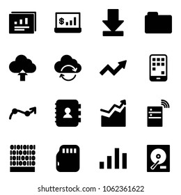 Solid vector icon set - statistics report vector, account, download, folder, upload cloud, refresh, growth arrow, mobile, chart point, contact book, server wireless, binary code, micro flash card