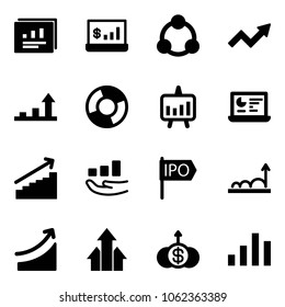 Solid vector icon set - statistics report vector, account, social, growth arrow, circle chart, presentation, monitor, ipo, rise, arrows up, dollar