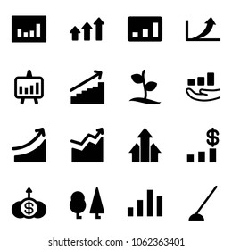 Solid vector icon set - statistics vector, arrows up, growth arrow, presentation chart, sproute, rise, dollar, forest, hoe