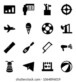 Solid vector icon set - statistics vector, presentation, win, target, plane, ice cream, lifebuoy, oil derrick, level, chisel, metal hacksaw, dryer, pyramid toy, paper, abacus, beach ball