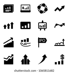 Solid vector icon set - statistics report vector, account, friends, growth arrow, arrows up, presentation chart, point, ipo, dollar