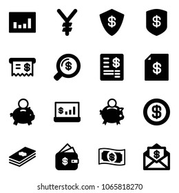 Solid vector icon set - statistics vector, yen, safe, receipt, money search, account statement, piggy bank, dollar, finance management, mail
