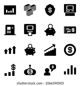 Solid vector icon set - statistics vector, big cash, safe, atm, piggy bank, check, arrows up, growth, dollar, chart, money dialog
