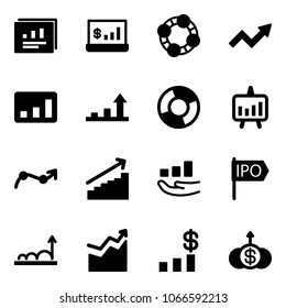 Solid vector icon set - statistics report vector, account, friends, growth arrow, circle chart, presentation, point, ipo, dollar
