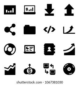 Solid vector icon set - statistics vector, account, download, uplooad, share, folder, tag code, growth arrow, circle chart, monitor, contact book, rise, dollar, data exchange, cd