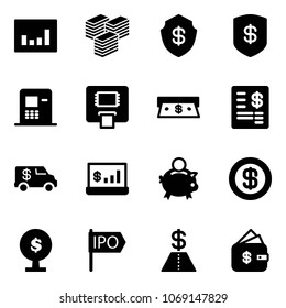 Solid vector icon set - statistics vector, big cash, safe, atm, account statement, encashment car, piggy bank, dollar, money tree, ipo, finance management