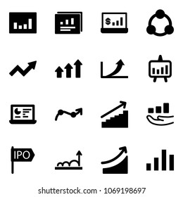 Solid vector icon set - statistics vector, report, account, social, growth arrow, arrows up, presentation chart, monitor, point, ipo, rise