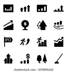 Solid vector icon set - statistics vector, arrows up, growth arrow, money tree, ipo, career, dollar chart, forest, hoe
