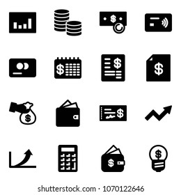 Solid vector icon set - statistics vector, coin, cash, tap pay, credit card, finance calendar, account statement, encashment, wallet, check, growth arrow, calculator, management, business idea