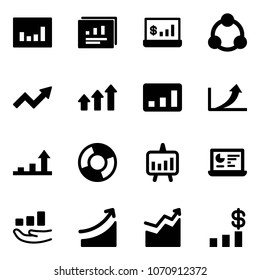 Solid vector icon set - statistics vector, report, account, social, growth arrow, arrows up, circle chart, presentation, monitor, rise, dollar