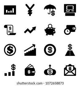 Solid vector icon set - statistics vector, yen, insurance, atm, account history, growth arrow, piggy bank, wallet time, dollar, chart, finance management, mail
