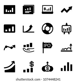 Solid vector icon set - statistics vector, report, account, growth arrow, circle chart, presentation, point, ipo, rise, dollar