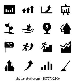 Solid vector icon set - statistics vector, arrows up, growth arrow, presentation chart, sproute, hand, money tree, ipo, career, hoe