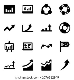Solid vector icon set - statistics vector, account, social, friends, growth arrow, circle chart, presentation, monitor, point, ipo, rise