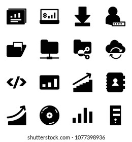 Solid vector icon set - statistics report vector, account, download, user password, folder, network, shared, refresh cloud, tag code, growth, contact book, rise, cd, chart, server