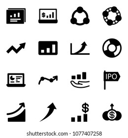 Solid vector icon set - statistics report vector, account, social, friends, growth arrow, circle chart, monitor, point, ipo, rise, dollar