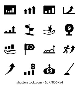 Solid vector icon set - statistics vector, arrows up, growth arrow, sproute, hand, money tree, ipo, career, dollar chart, hoe