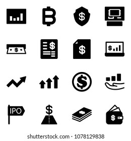 Solid vector icon set - statistics vector, bitcoin, safe, atm, cash, account statement, growth arrow, arrows up, dollar, ipo, finance management