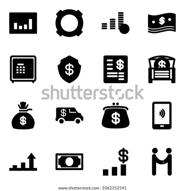Solid\
vector icon set - statistics vector, currency, coin, cash, safe,\
account statement, money chest, bag, encashment car, purse, mobile\
payment, growth arrow, dollar chart,\
agreement