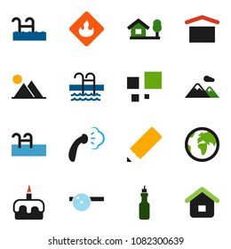 solid vector icon set - steaming vector, cake, oil, pencil, pool, earth, dry cargo, flammable, eye doctor hat, loading, chalet, mountain, home