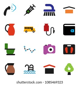 solid vector icon set - steaming, toilet, jug, school bus, constellation, wallet, scales, pool, dry cargo, camera, syringe, drop counter, fruit tree