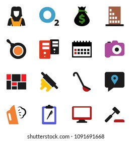 solid vector icon set - steaming vector, cleaner woman, pan, ladle, rolling pin, money bag, calendar, oxygen, tracking, consolidated cargo, clipboard, camera, monitor, server, building, auction