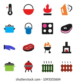 solid vector icon set - steaming vector, pan, camping cauldron, cook glove, oven, thermometer, bbq, steak, flammable, fireplace, heating