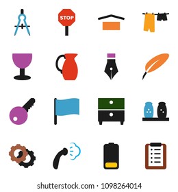 solid vector icon set - steaming vector, drying clothes, spices, jug, pen, drawing compass, archive, flag, glass, dry cargo, battery, gear, stop, key, shopping list