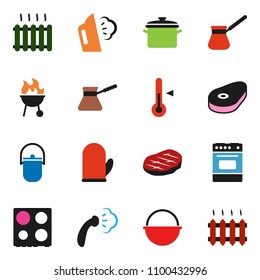 solid vector icon set - steaming vector, pan, camping cauldron, cook glove, turk coffee, oven, thermometer, bbq, steak, heating