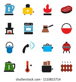 solid vector icon set - steaming vector, pan, camping cauldron, kettle, turk coffee, toaster, oven, thermometer, bbq, steak, flammable, fireplace, heating