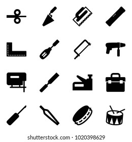 Solid vector icon set - steel rolling vector, trowel, level, corner ruler, chisel, metal hacksaw, drill machine, jig saw, rasp, stapler, tool box, awl, forceps, tambourine, drum