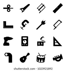 Solid vector icon set - steel rolling vector, saw, bucksaw, level, corner ruler, clamp, wood drill, metal hacksaw, multimeter, welding, allen key, guitar, drum, horn toy